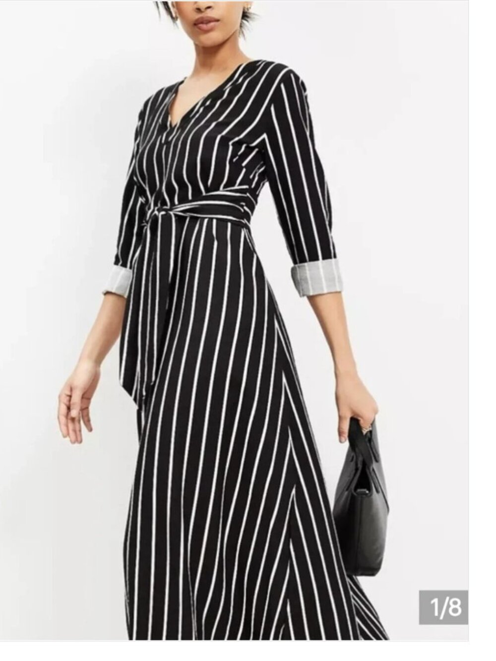 LOFT Striped V-Neck Maxi Dress Black & White Long Sleeves Tie Waist 6-8